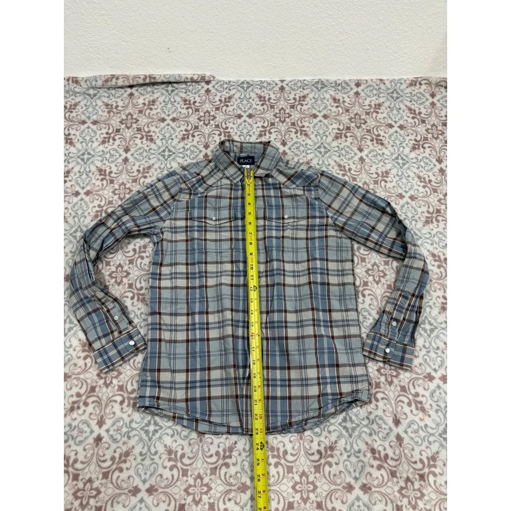 The Childrens Place Boys Blue Brown Plaid Western Snap Button Shirt Size 14 XL